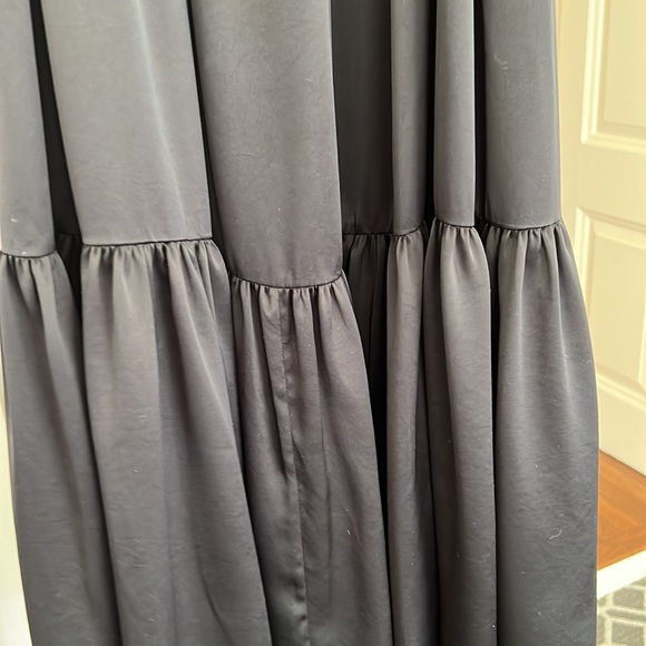 Long flowing silky thin strap black dress with faux ties at shoulders. - Picture 3 of 6